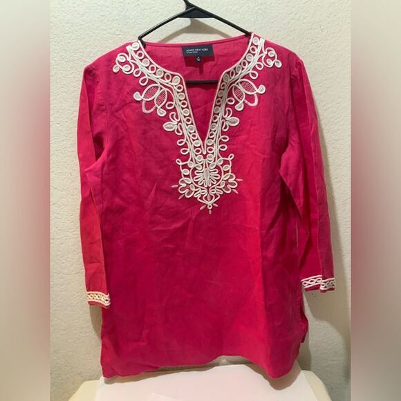 Jones New York 100% Linen Pullover Tunic Top Embroidered Hot Pink Size M Beachy - Picture 1 of 6